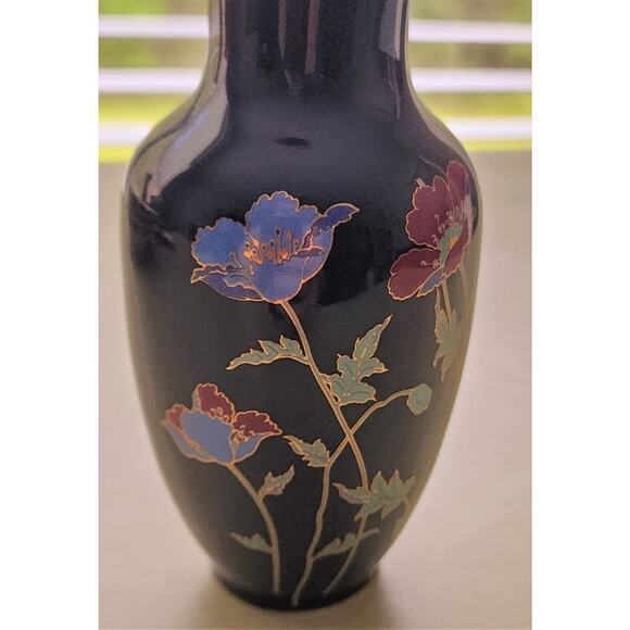 VASE-Japan-Small-Black Ceramic-Flowers-Gold Trimmed-6" Tall-Bud Vase - Picture 9 of 14